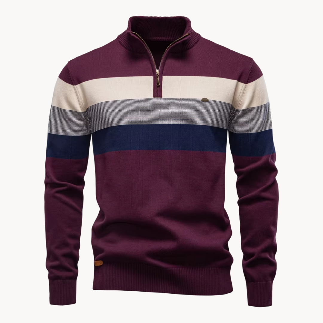 Men's Striped Quarter-Zip Sweater, Mock Neck, Long Sleeves