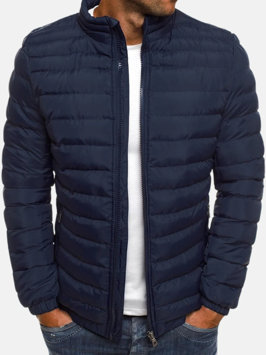 Men's Quilted Puffer Jacket Black Full Zip Stand Collar – Winter Warmth