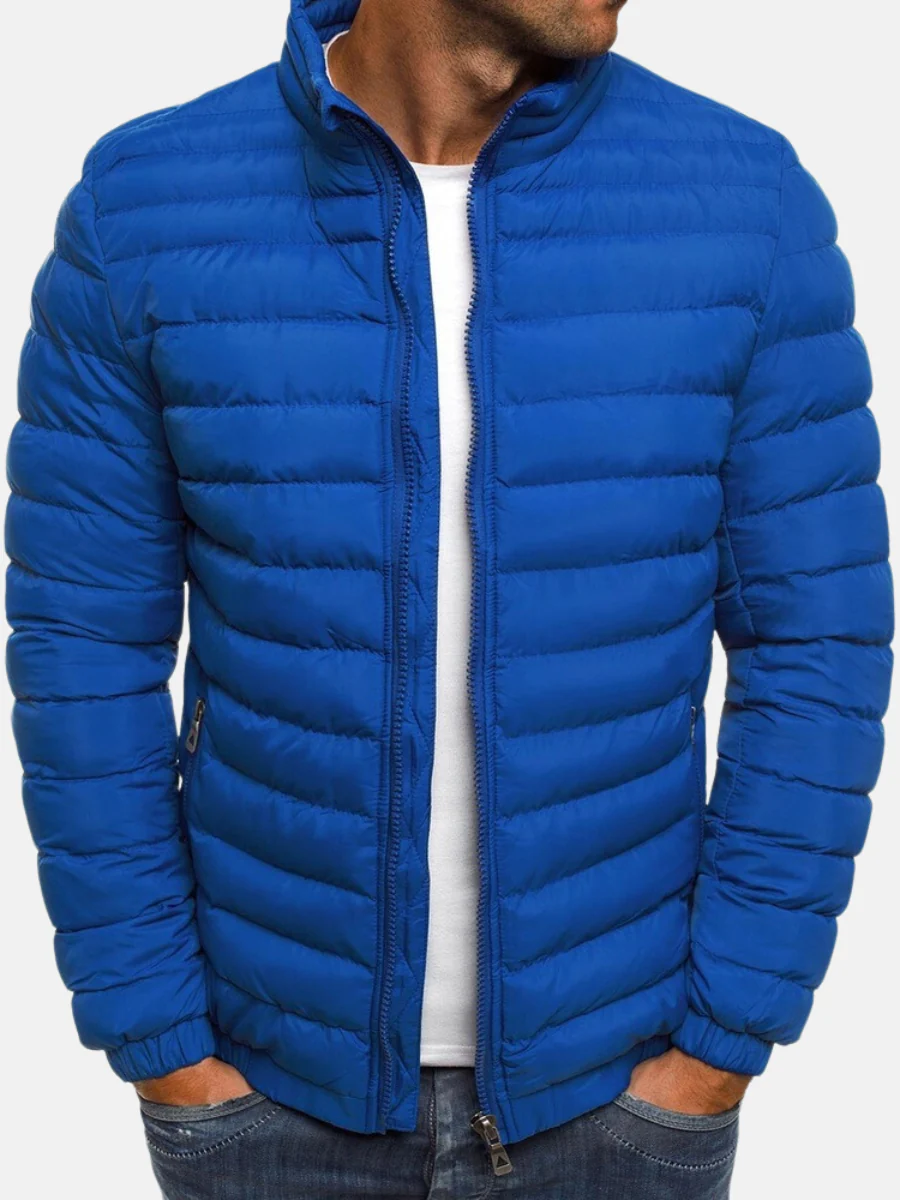 Men's Quilted Puffer Jacket Black Full Zip Stand Collar – Winter Warmth