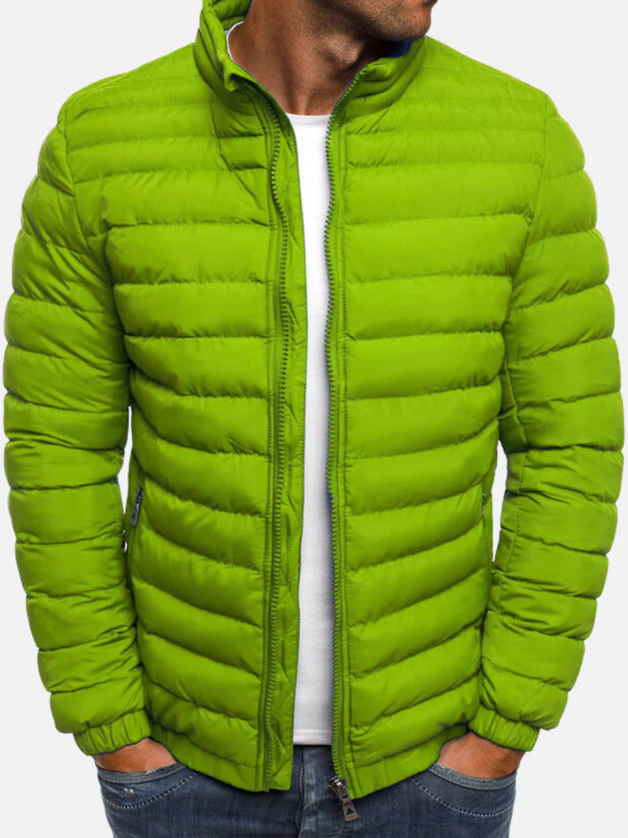 Men's Quilted Puffer Jacket Black Full Zip Stand Collar – Winter Warmth