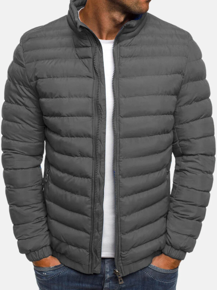 Men's Quilted Puffer Jacket Black Full Zip Stand Collar – Winter Warmth