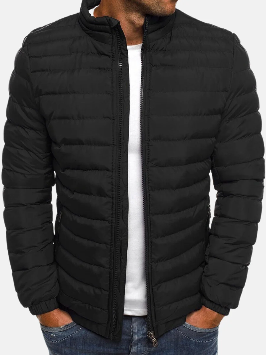 Men's Quilted Puffer Jacket Black Full Zip Stand Collar – Winter Warmth