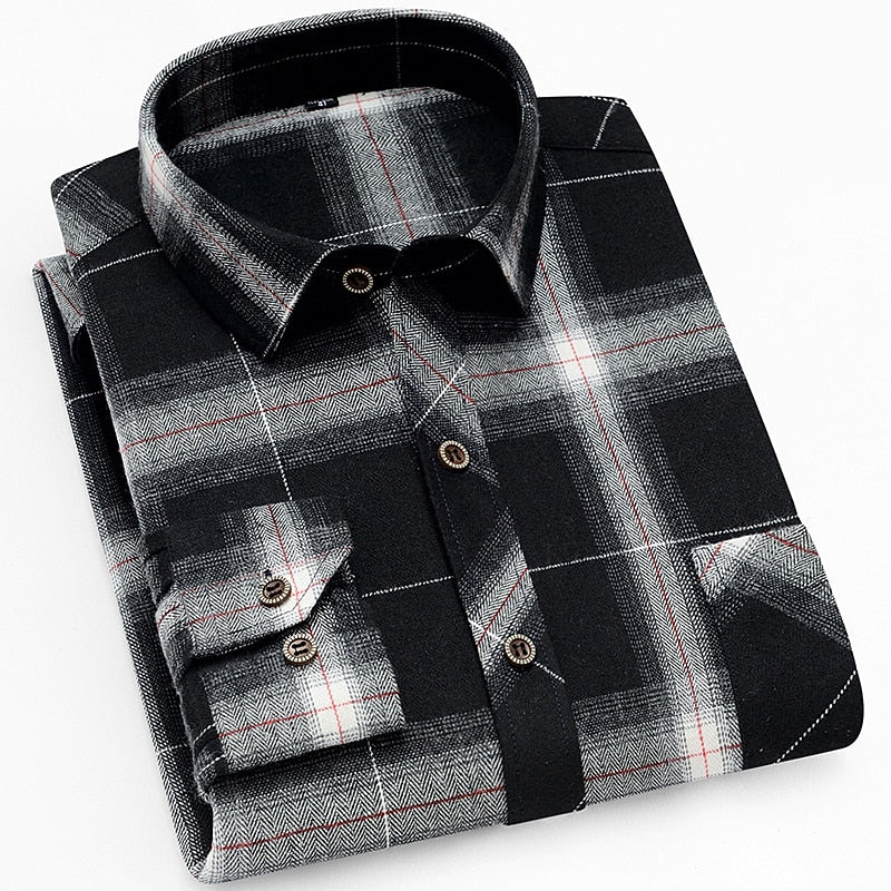 Men's Red Black Check Flannel Shirt - Long Sleeve Casual Button-Up