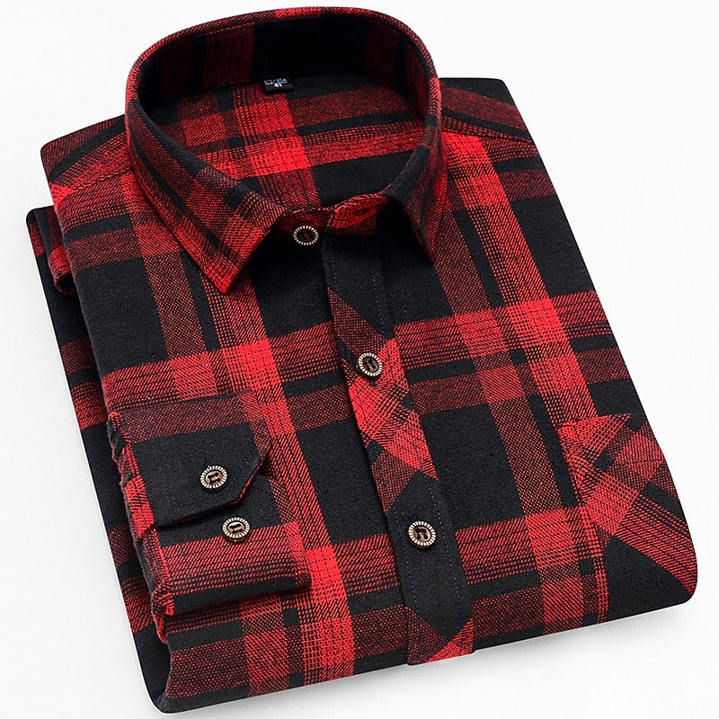Men's Red Black Check Flannel Shirt - Long Sleeve Casual Button-Up