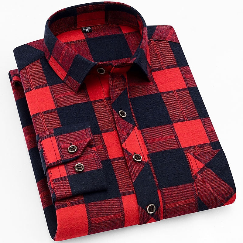 Men's Red Black Check Flannel Shirt - Long Sleeve Casual Button-Up