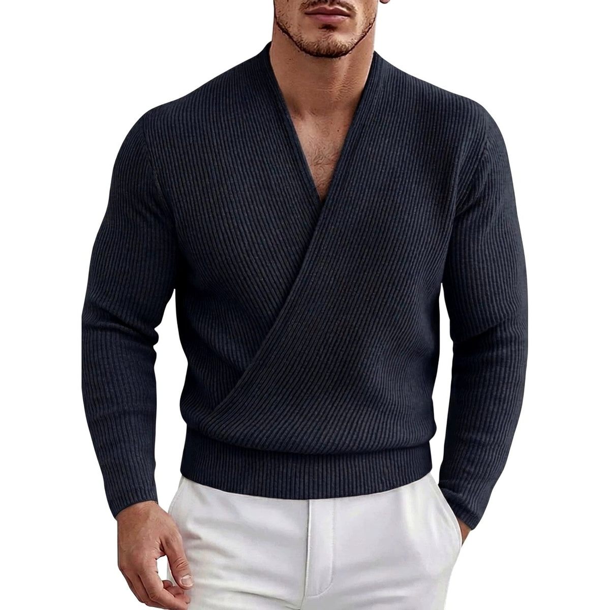 Men's Ribbed Deep V-Neck Crossover Sweater