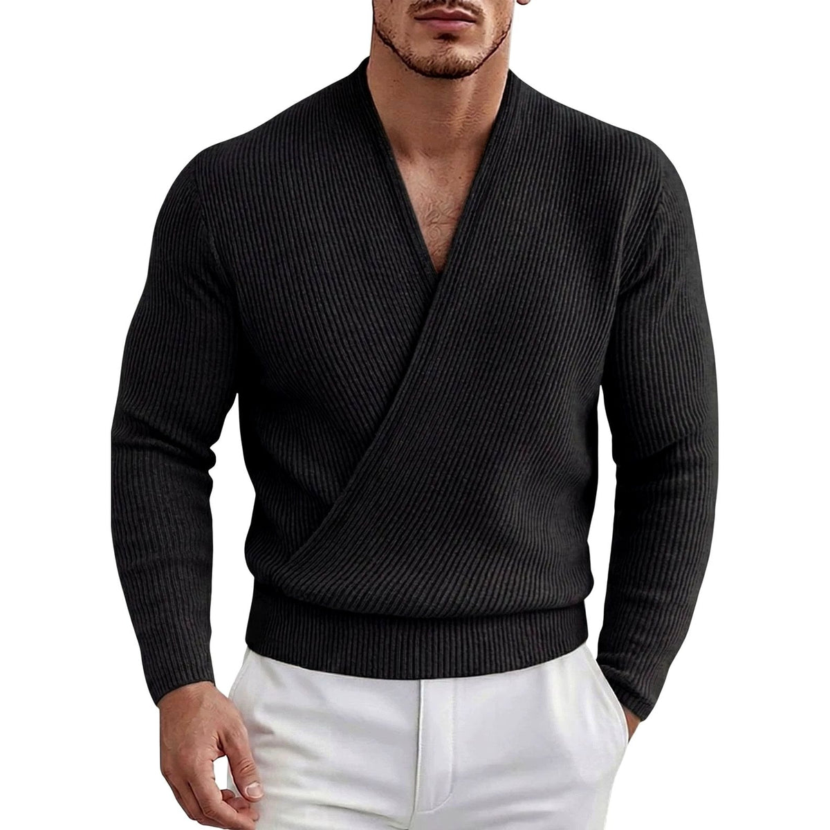 Men's Ribbed Deep V-Neck Crossover Sweater
