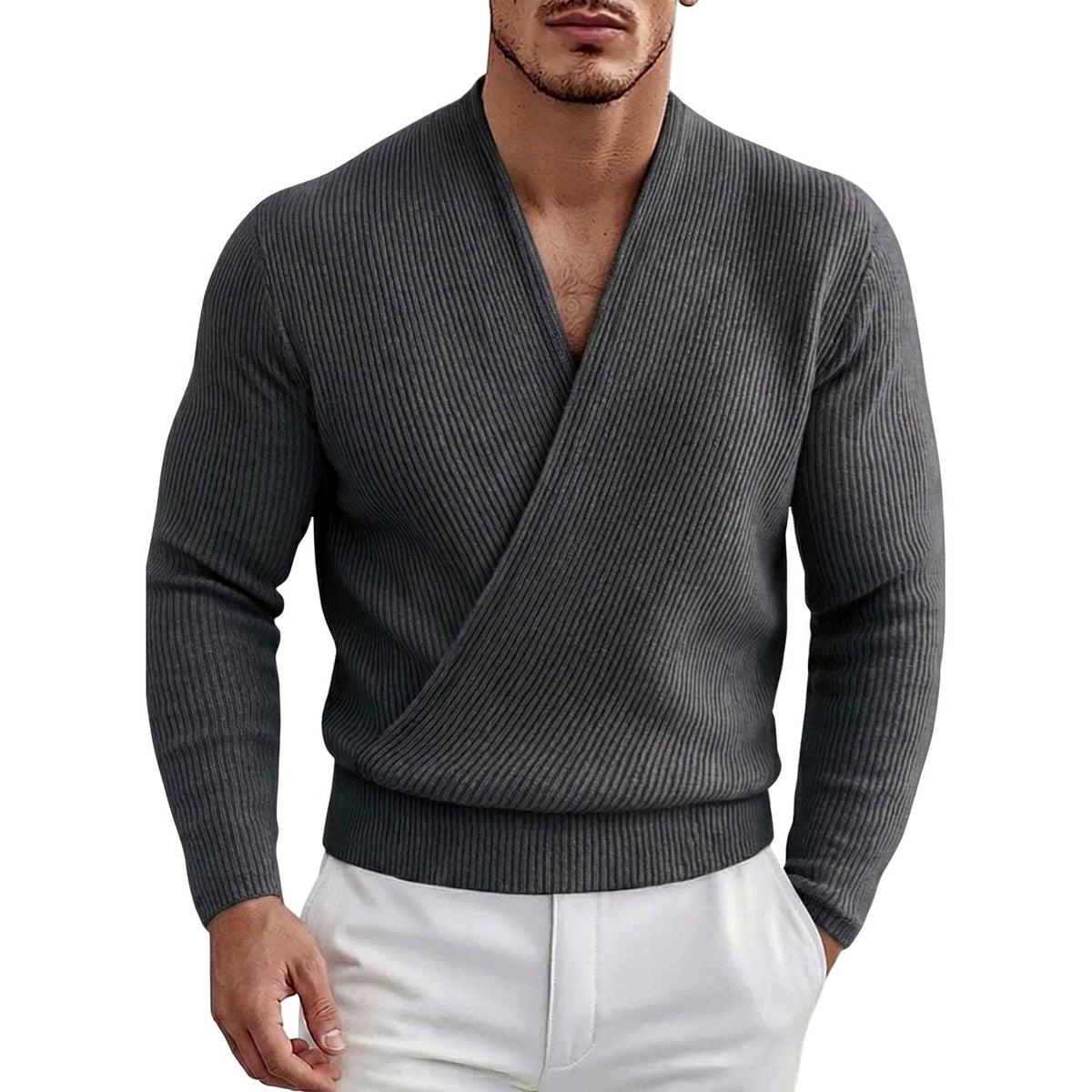 Men's Ribbed Deep V-Neck Crossover Sweater