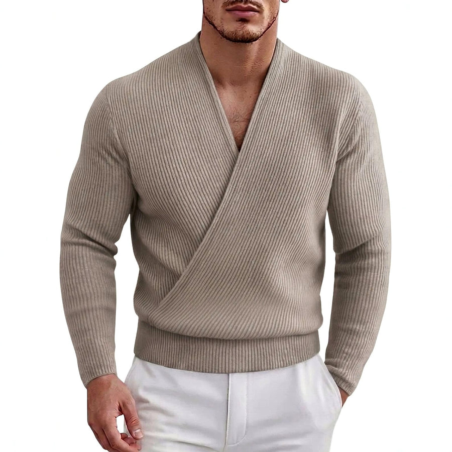 Men's Ribbed Deep V-Neck Crossover Sweater