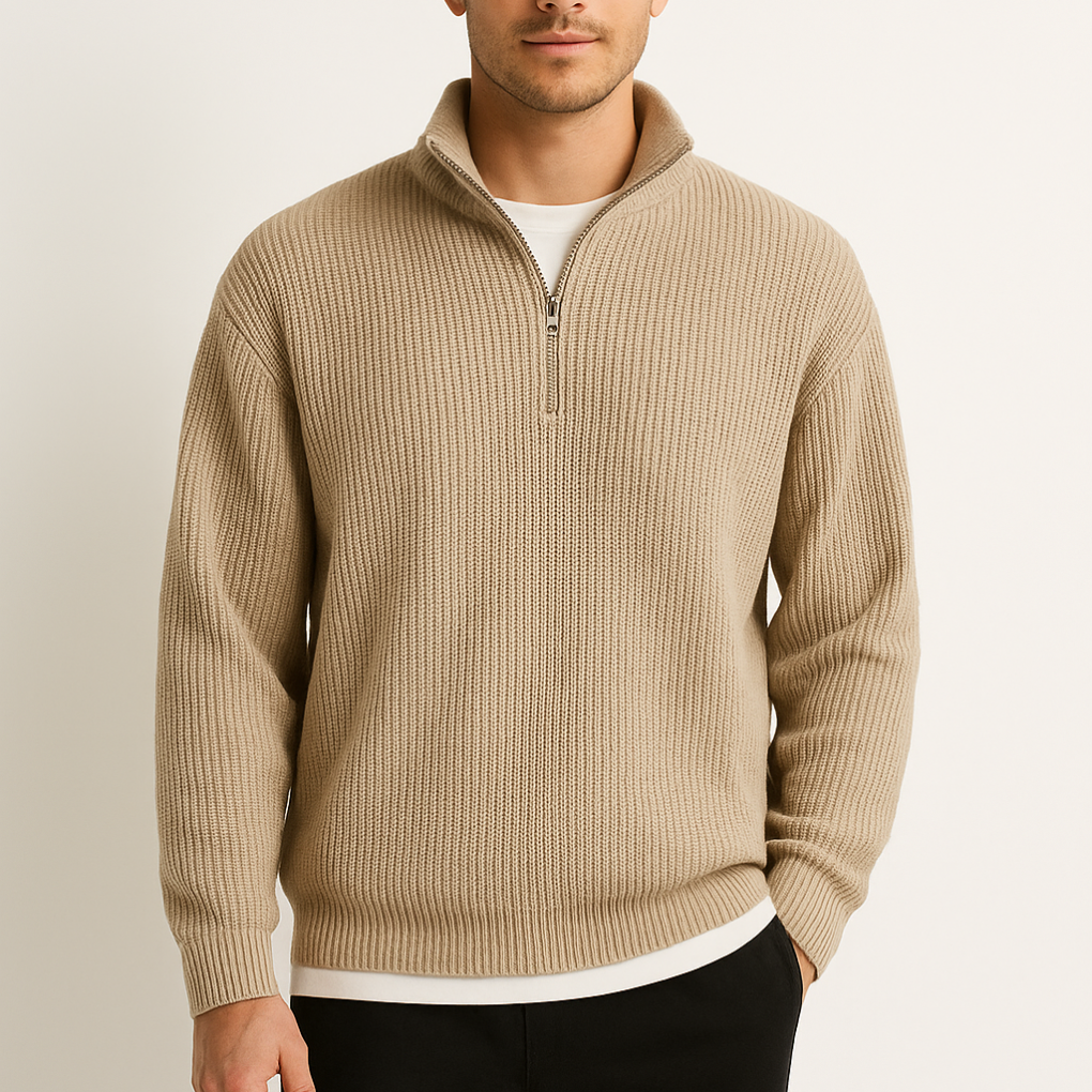 Men's Ribbed Half-Zip Pullover Sweater with Stand-Up Collar