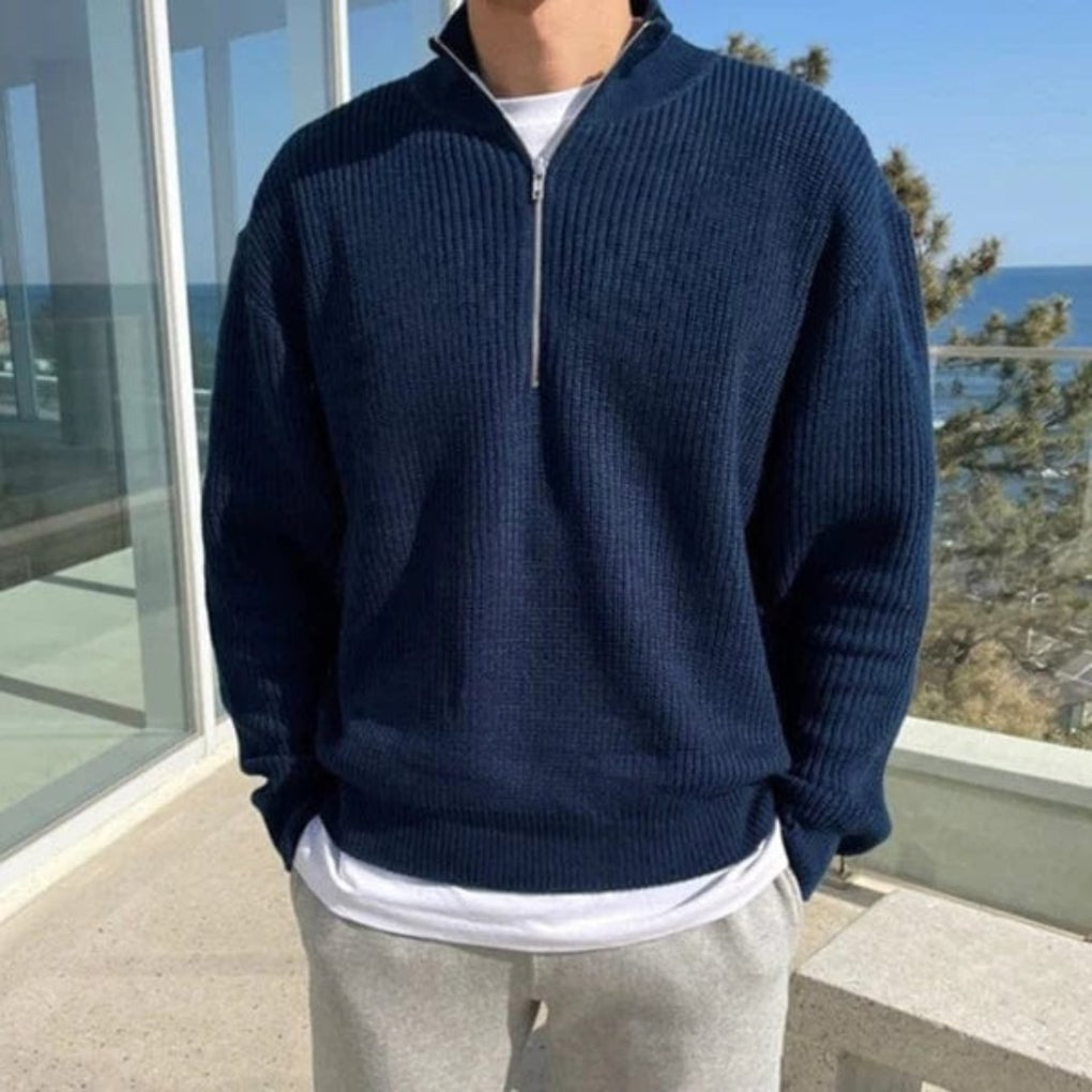 Men's Ribbed Half-Zip Pullover Sweater with Stand-Up Collar