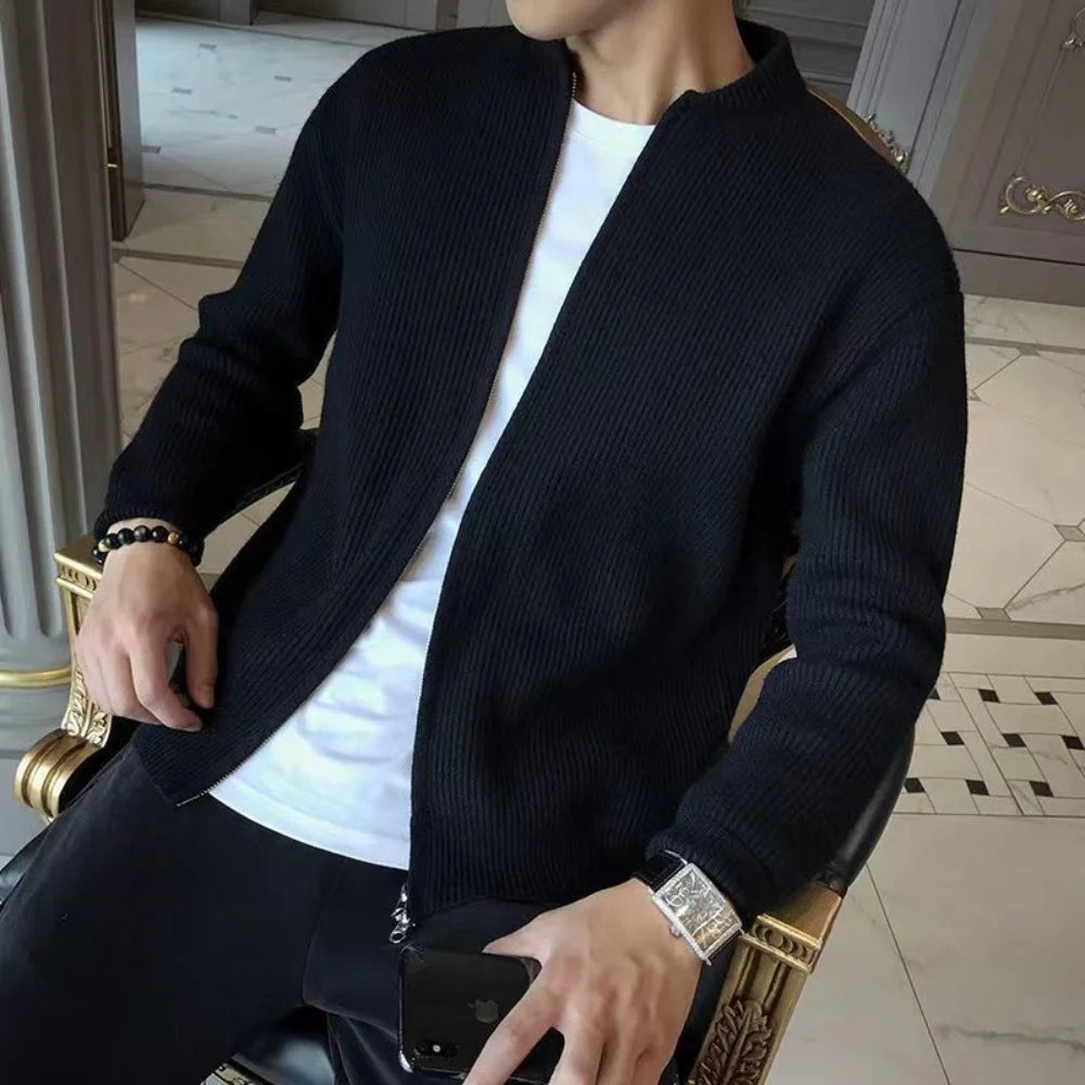 Men's Ribbed Zip-Front Cardigan with Relaxed Fit