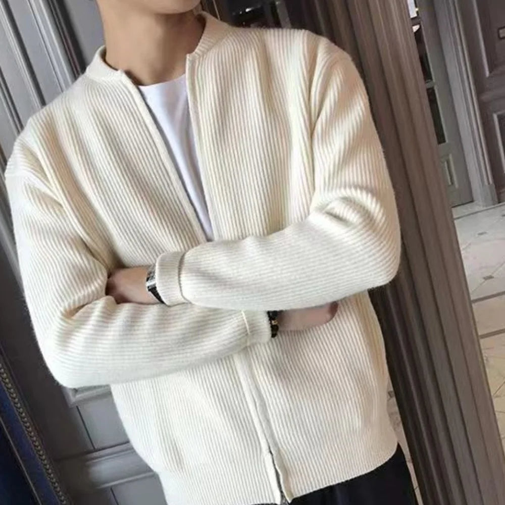 Men's Ribbed Zip-Front Cardigan with Relaxed Fit