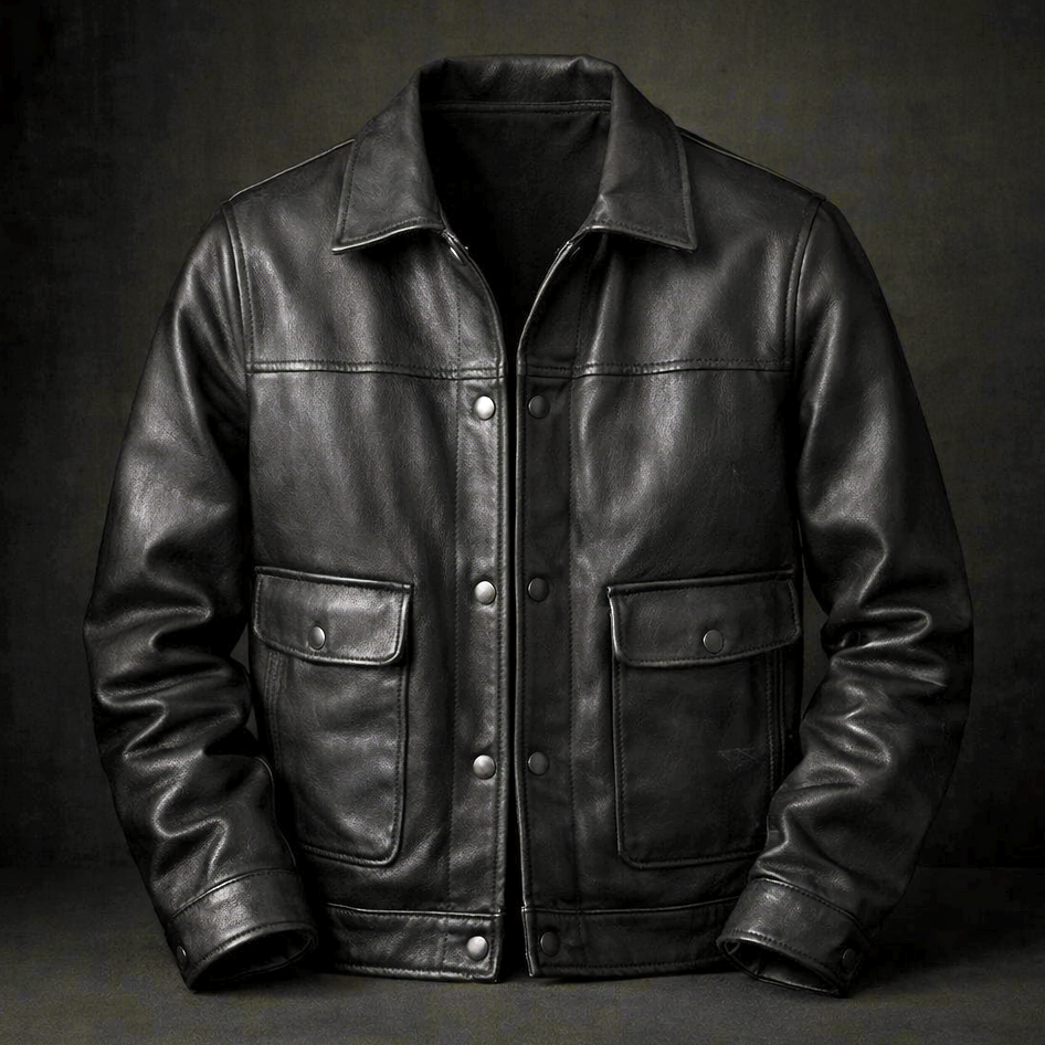 Men's Snap-Front Leather Jacket with Flap Pockets