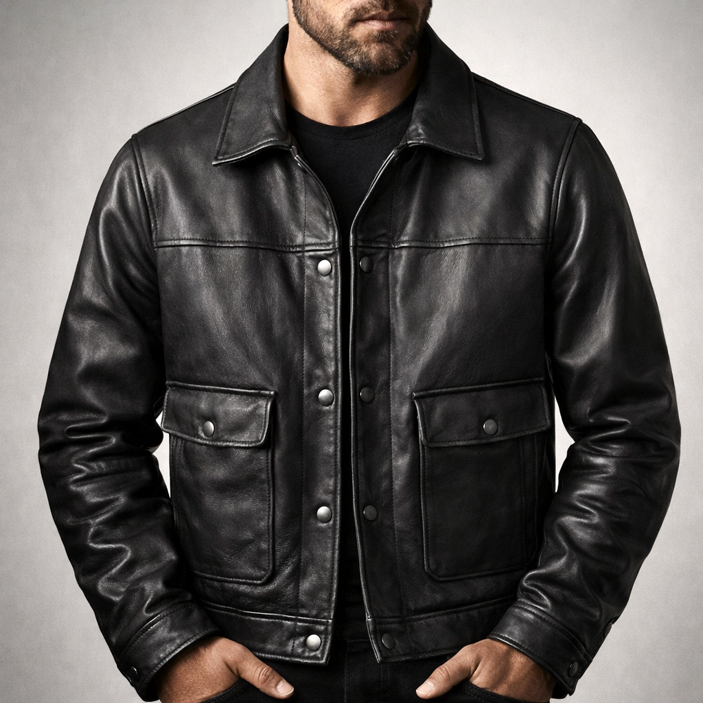 Men's Snap-Front Leather Jacket with Flap Pockets