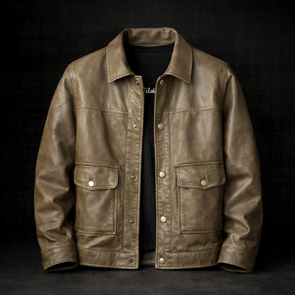 Men's Snap-Front Leather Jacket with Flap Pockets