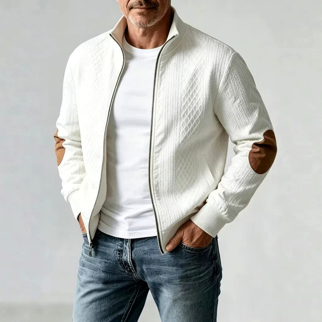 Men's Stand Collar Textured Zip Jacket with Patch Detail