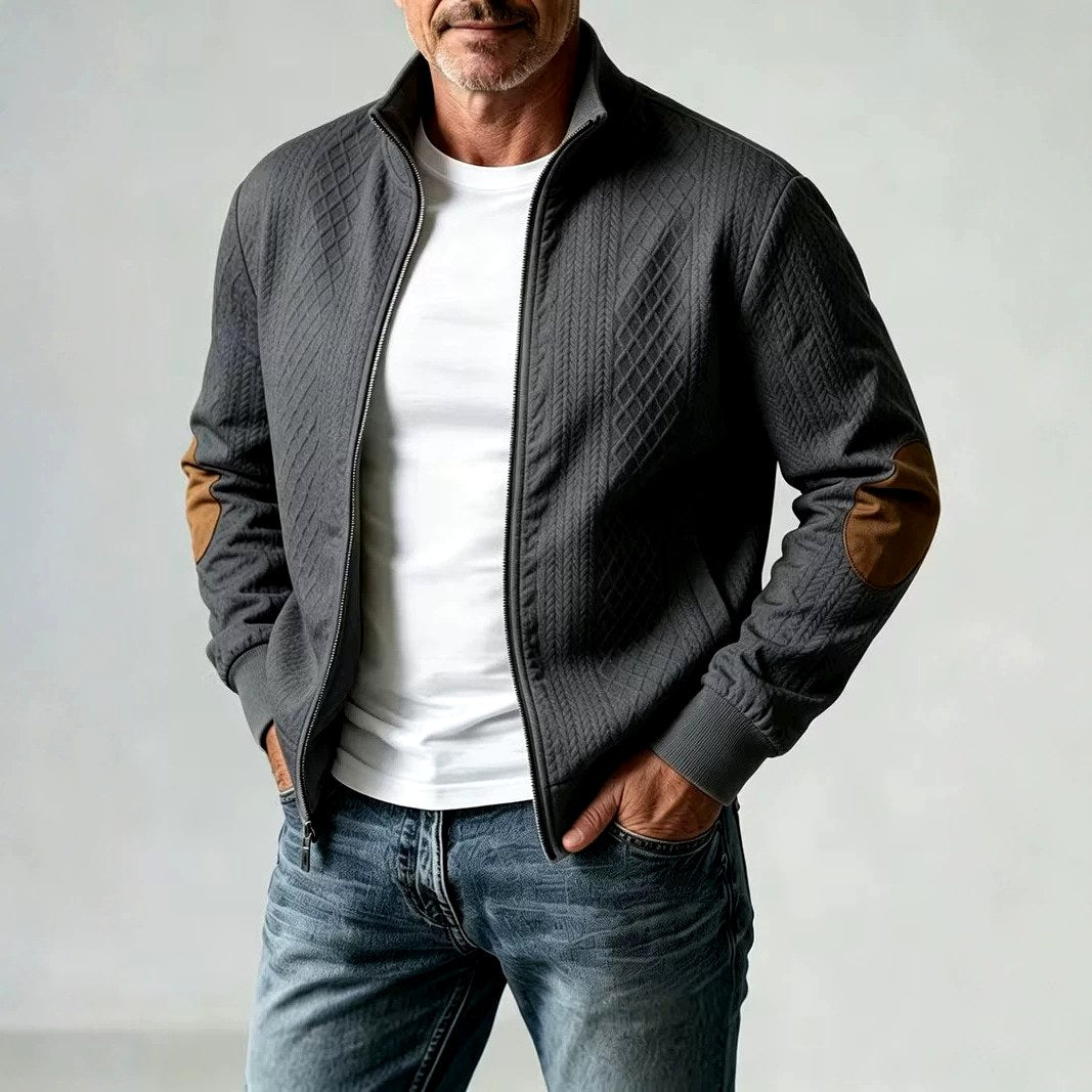 Men's Stand Collar Textured Zip Jacket with Patch Detail