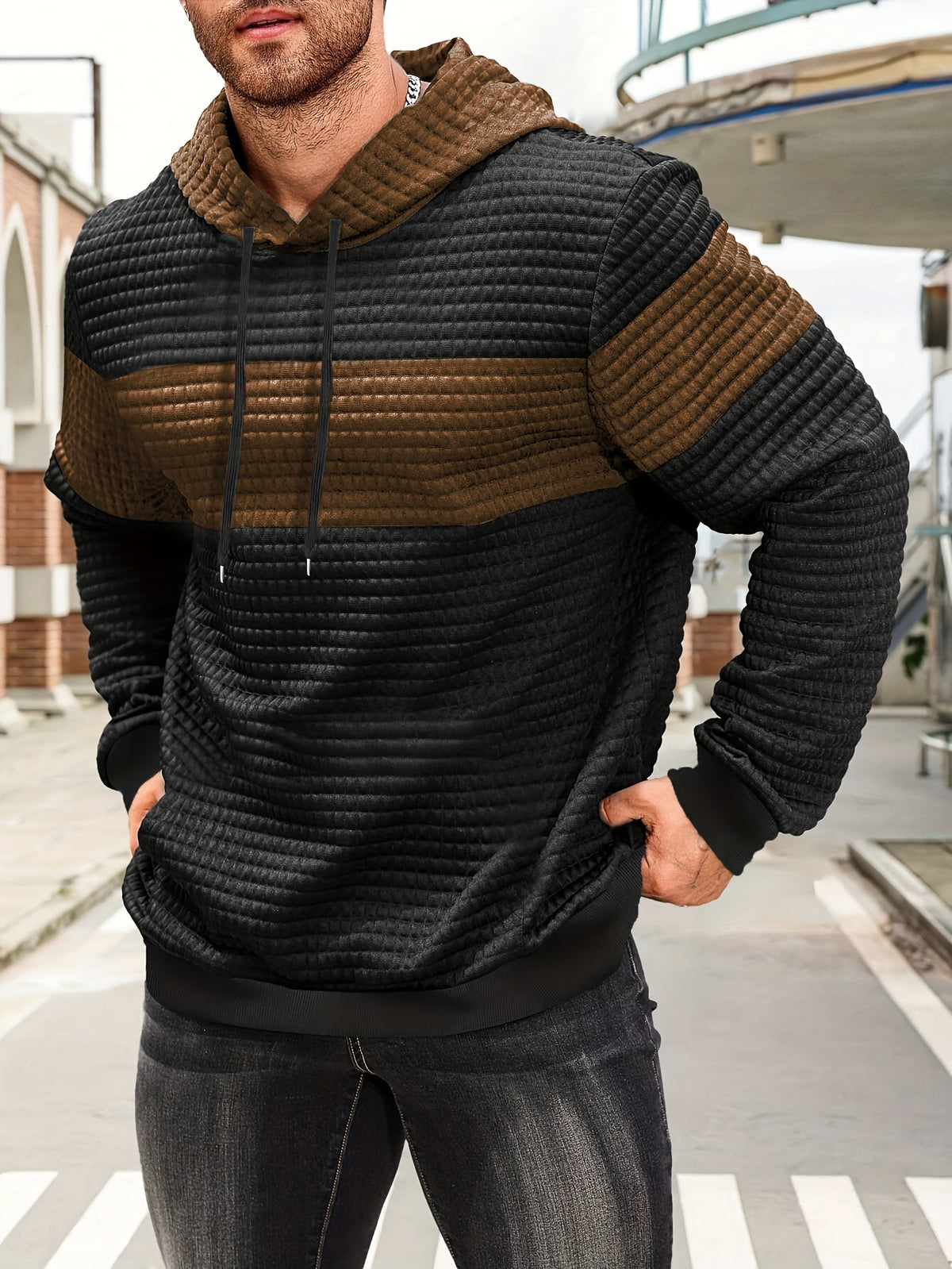 Men's Textured Color-Block Hoodie