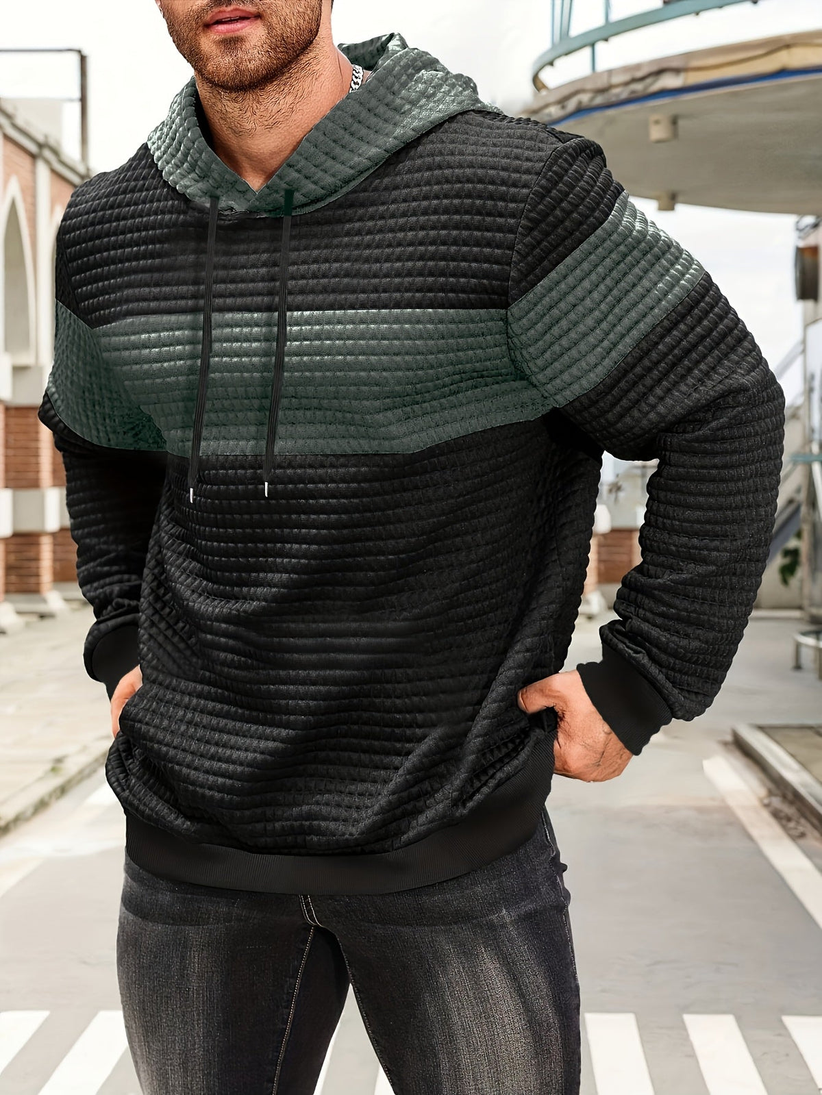 Men's Textured Color-Block Hoodie