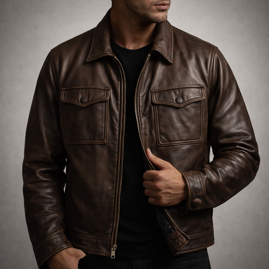 Men's Vintage Leather Jacket with Four-Pocket Design