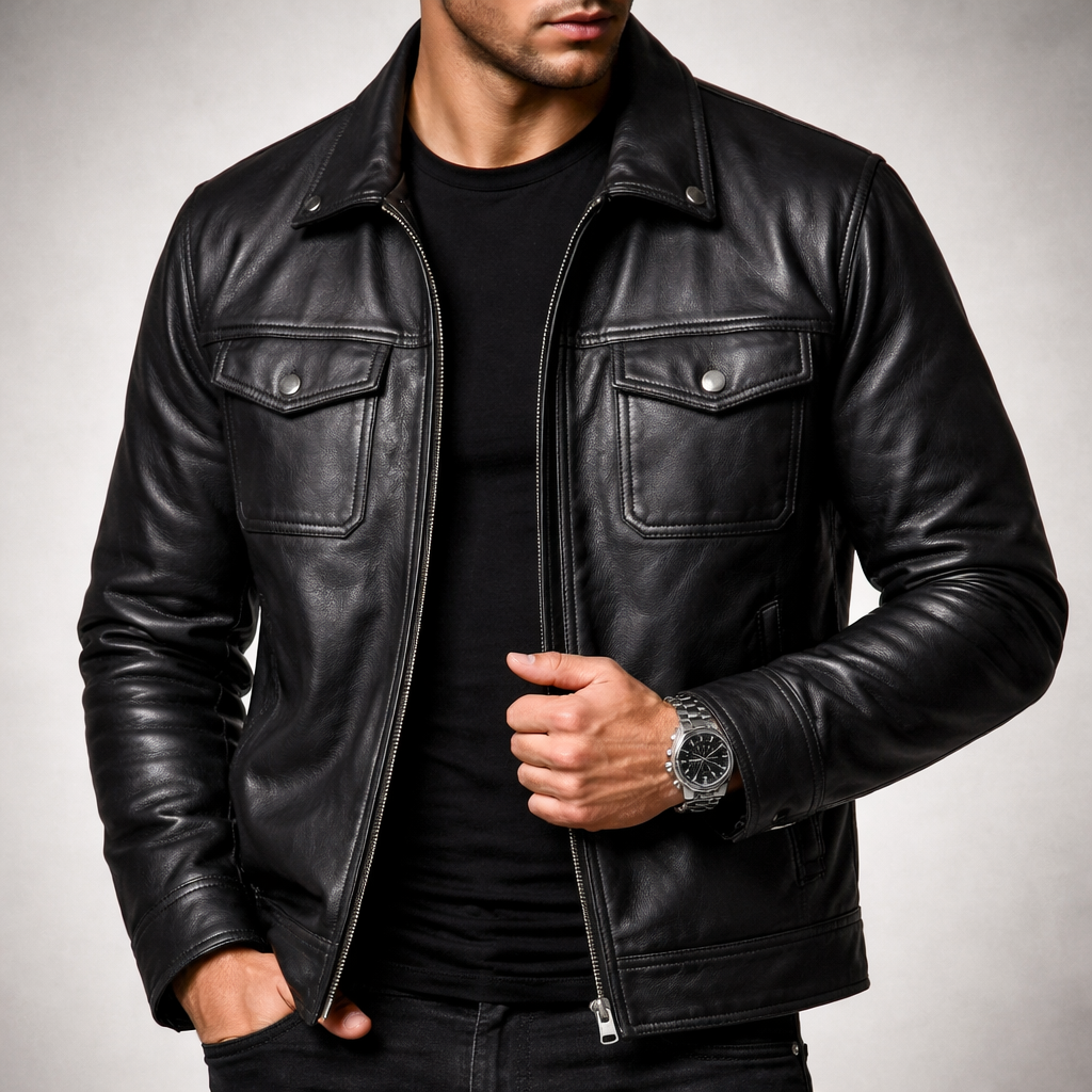 Men's Vintage Leather Jacket with Four-Pocket Design