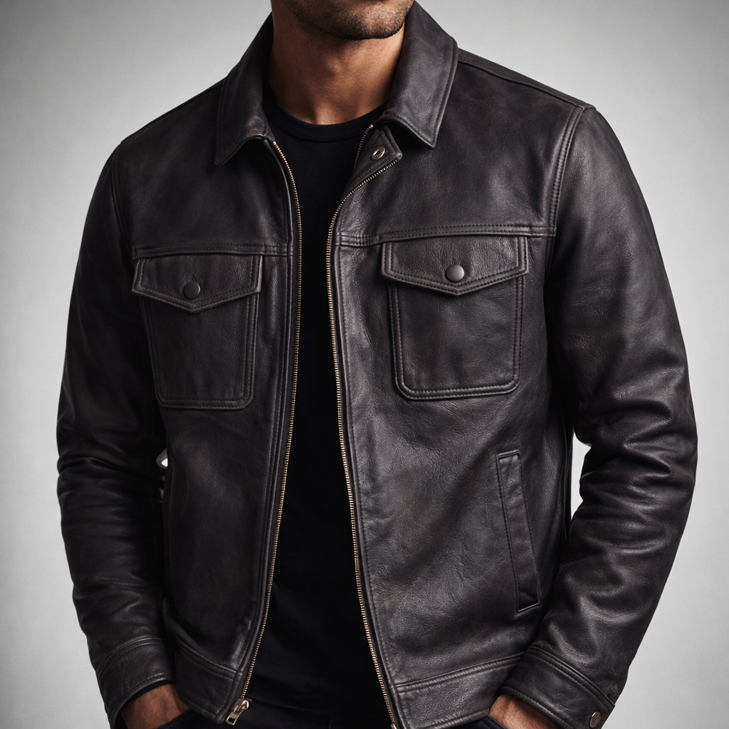 Men's Vintage Leather Jacket with Four-Pocket Design