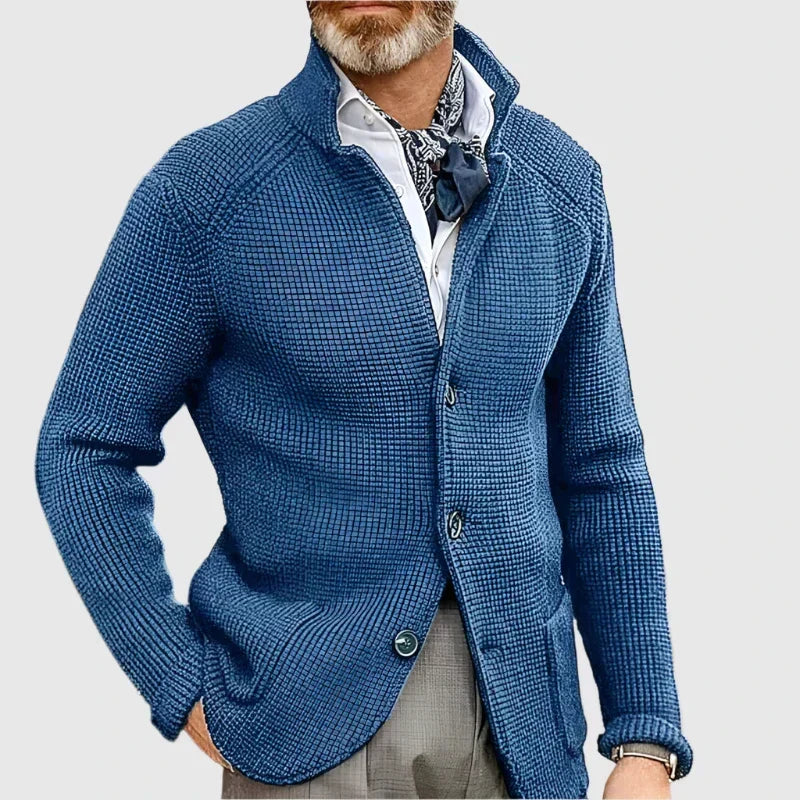 Men's Waffle-Knit Cardigan Sweater with Stand Collar and Buttons