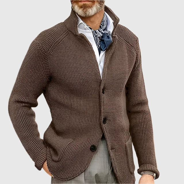 Men's Waffle-Knit Cardigan Sweater with Stand Collar and Buttons