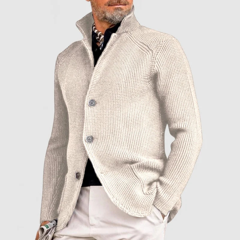 Men's Waffle-Knit Cardigan Sweater with Stand Collar and Buttons