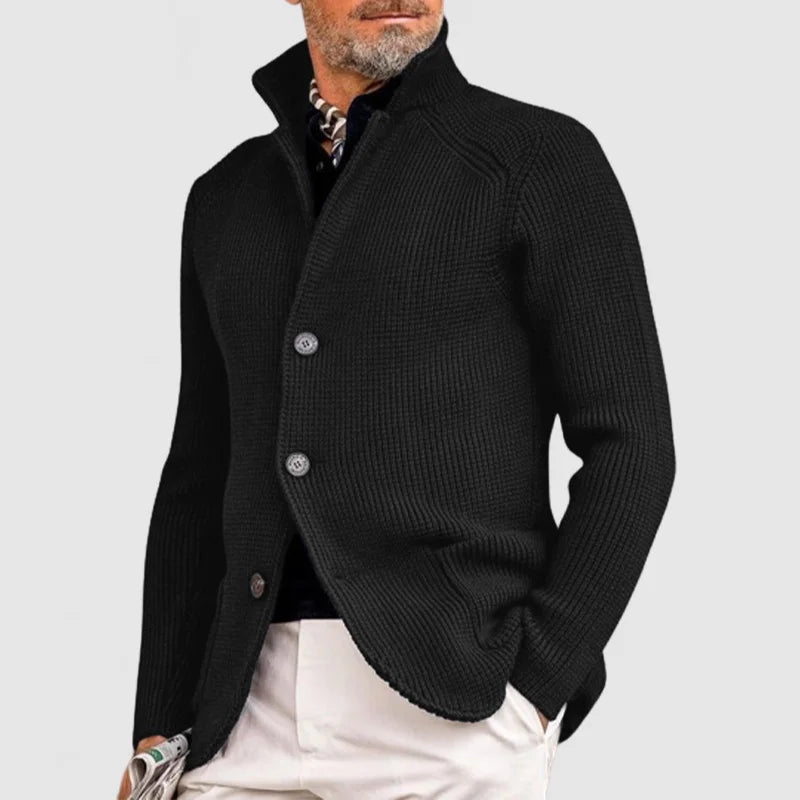 Men's Waffle-Knit Cardigan Sweater with Stand Collar and Buttons