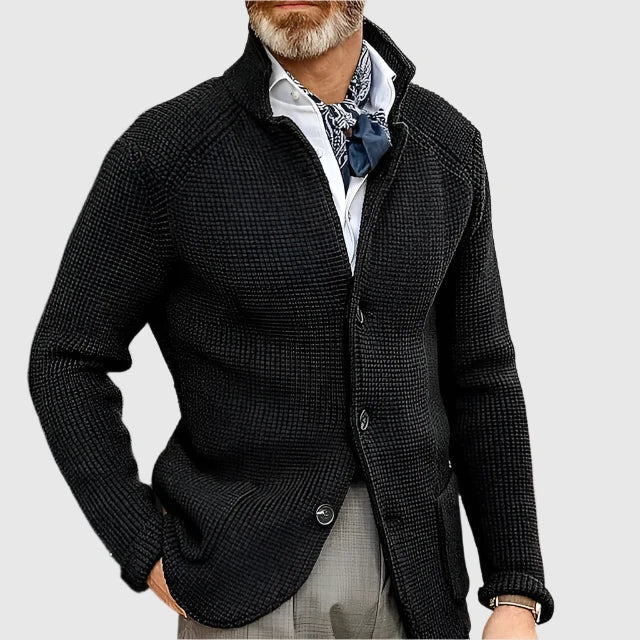 Men's Waffle-Knit Cardigan Sweater with Stand Collar and Buttons