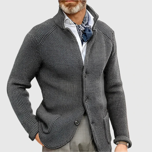 Men's Waffle-Knit Cardigan Sweater with Stand Collar and Buttons