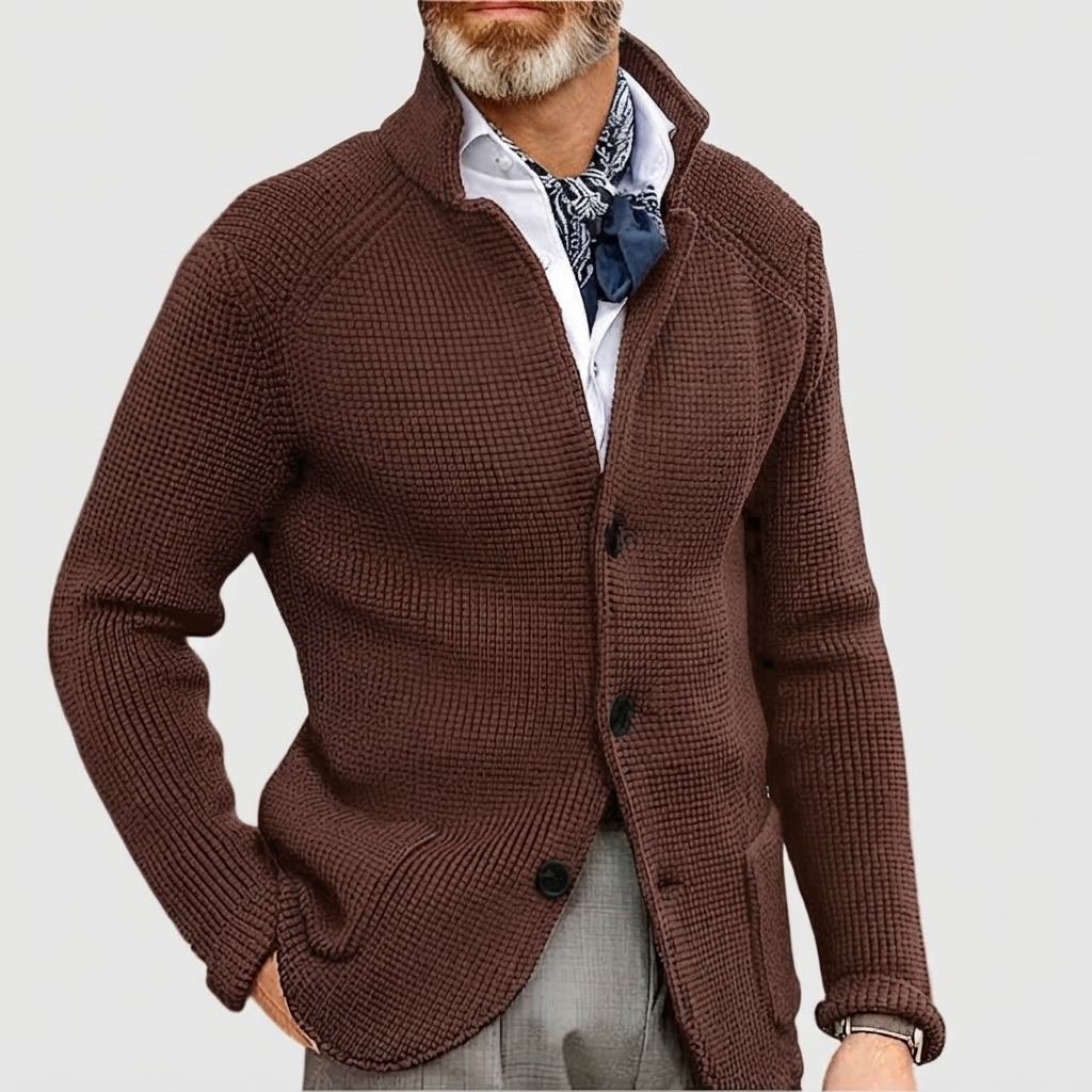 Men's Waffle-Knit Cardigan Sweater with Stand Collar and Buttons
