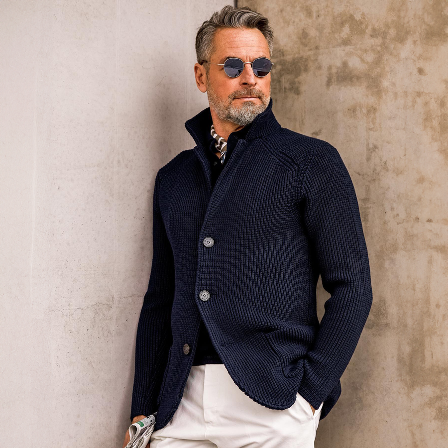 Men's Waffle-Knit Cardigan Sweater with Stand Collar and Buttons