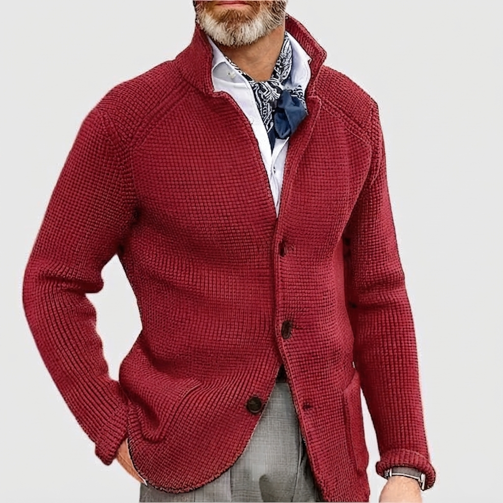 Men's Waffle-Knit Cardigan Sweater with Stand Collar and Buttons