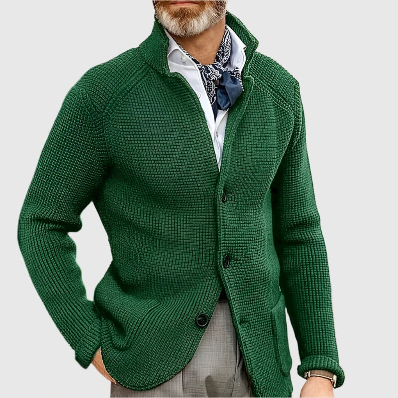 Men's Waffle-Knit Cardigan Sweater with Stand Collar and Buttons