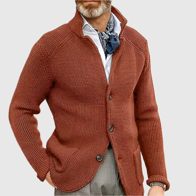 Men's Waffle-Knit Cardigan Sweater with Stand Collar and Buttons