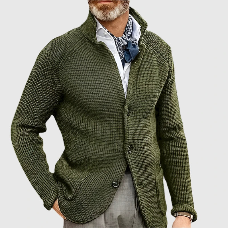 Men's Waffle-Knit Cardigan Sweater with Stand Collar and Buttons