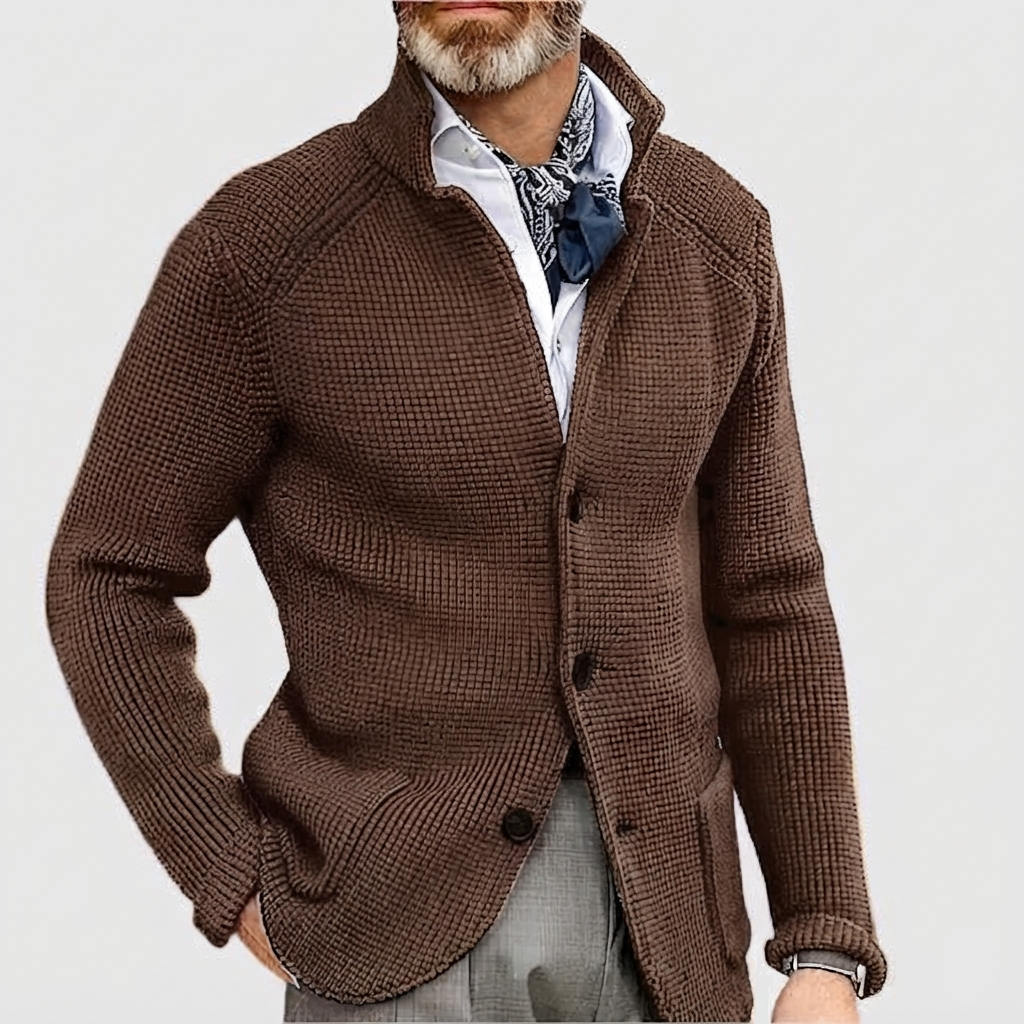 Men's Waffle-Knit Cardigan Sweater with Stand Collar and Buttons