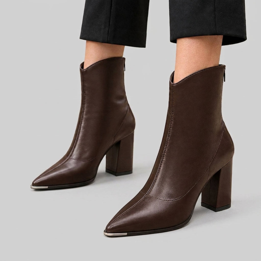 Mica - Women's Pointed-Toe Block Heel Boots with Zip Closure