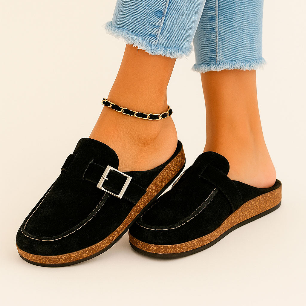 Women's Clog Slippers with an Adjustable Buckle Strap | Faux Suede Mules on a Cork Look Platform Sole | Sizes 5.5 to 11