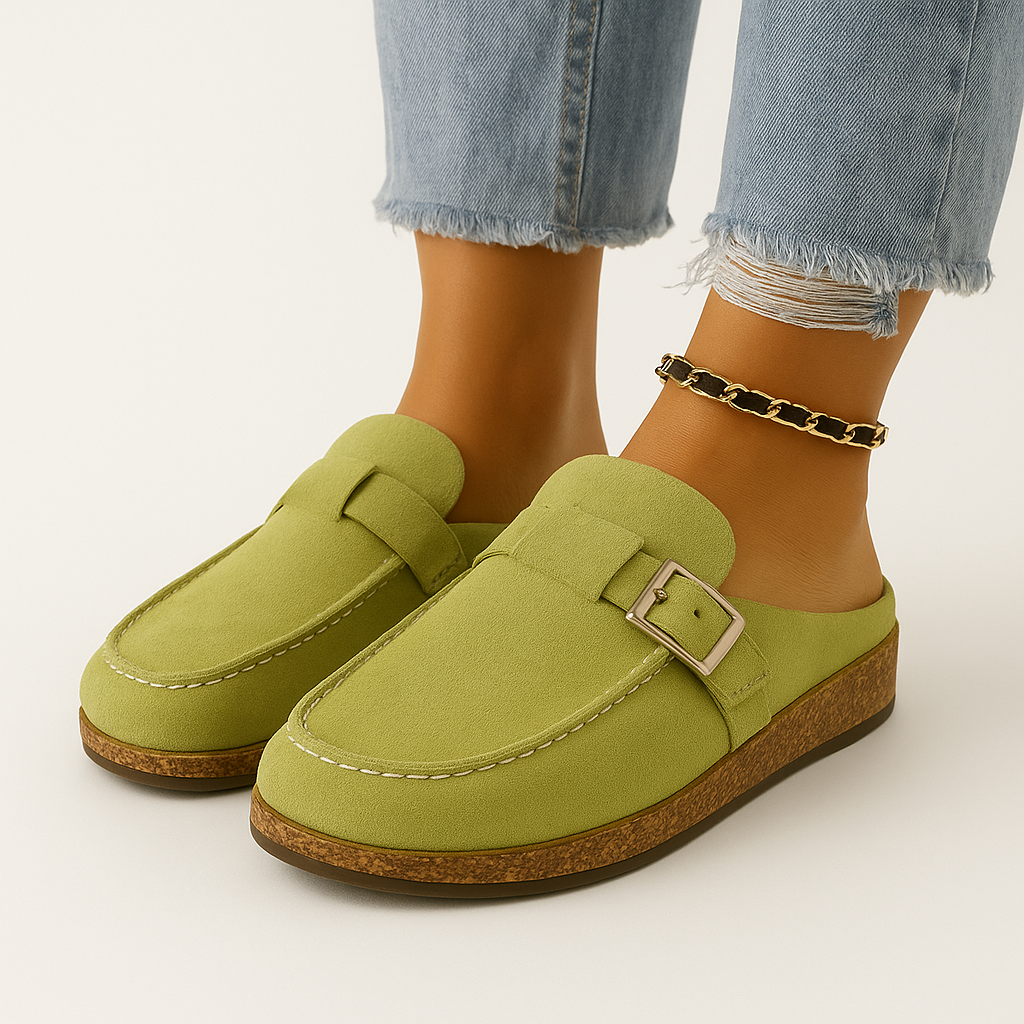 Women's Clog Slippers with an Adjustable Buckle Strap | Faux Suede Mules on a Cork Look Platform Sole | Sizes 5.5 to 11