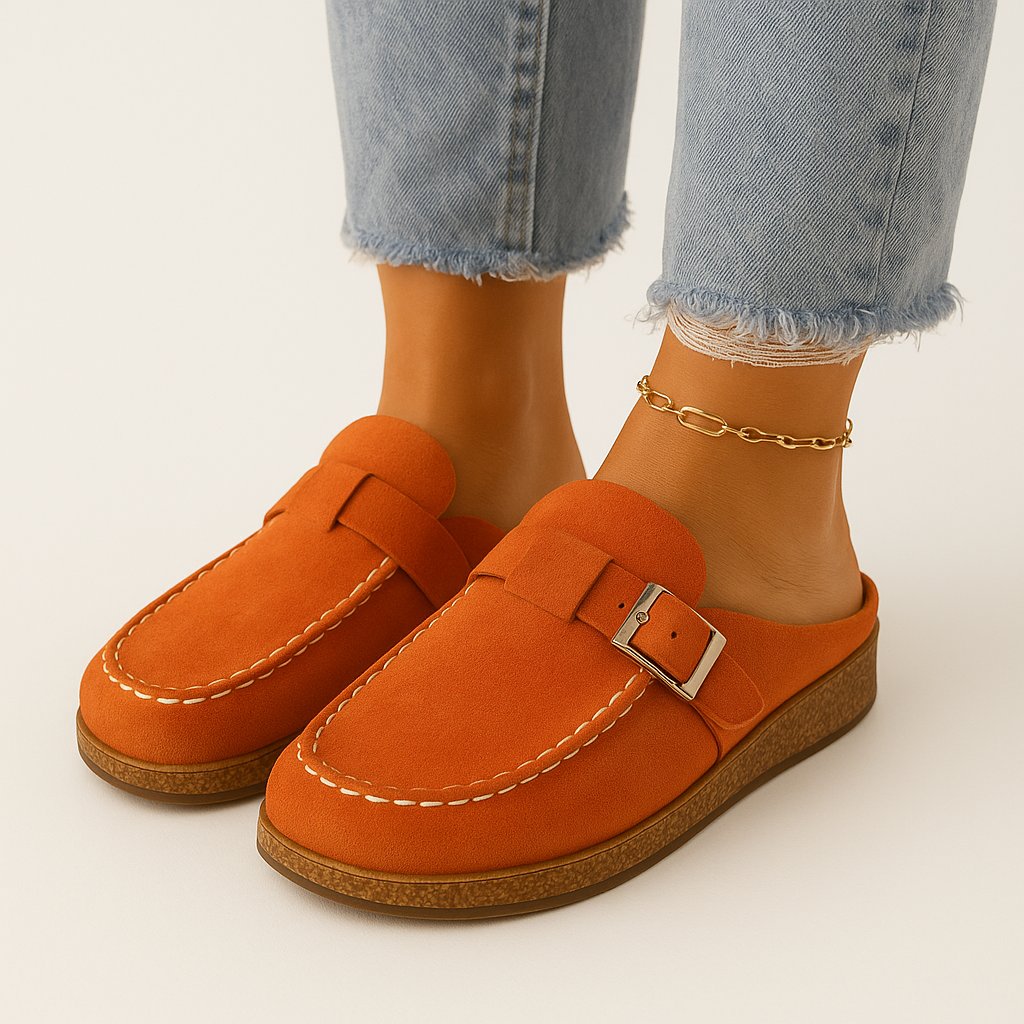 Women's Clog Slippers with an Adjustable Buckle Strap | Faux Suede Mules on a Cork Look Platform Sole | Sizes 5.5 to 11
