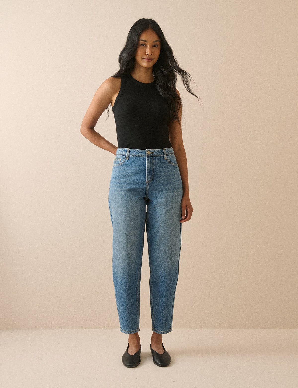 Women's Blue Barrel Leg Jeans, High Rise, Cropped Length