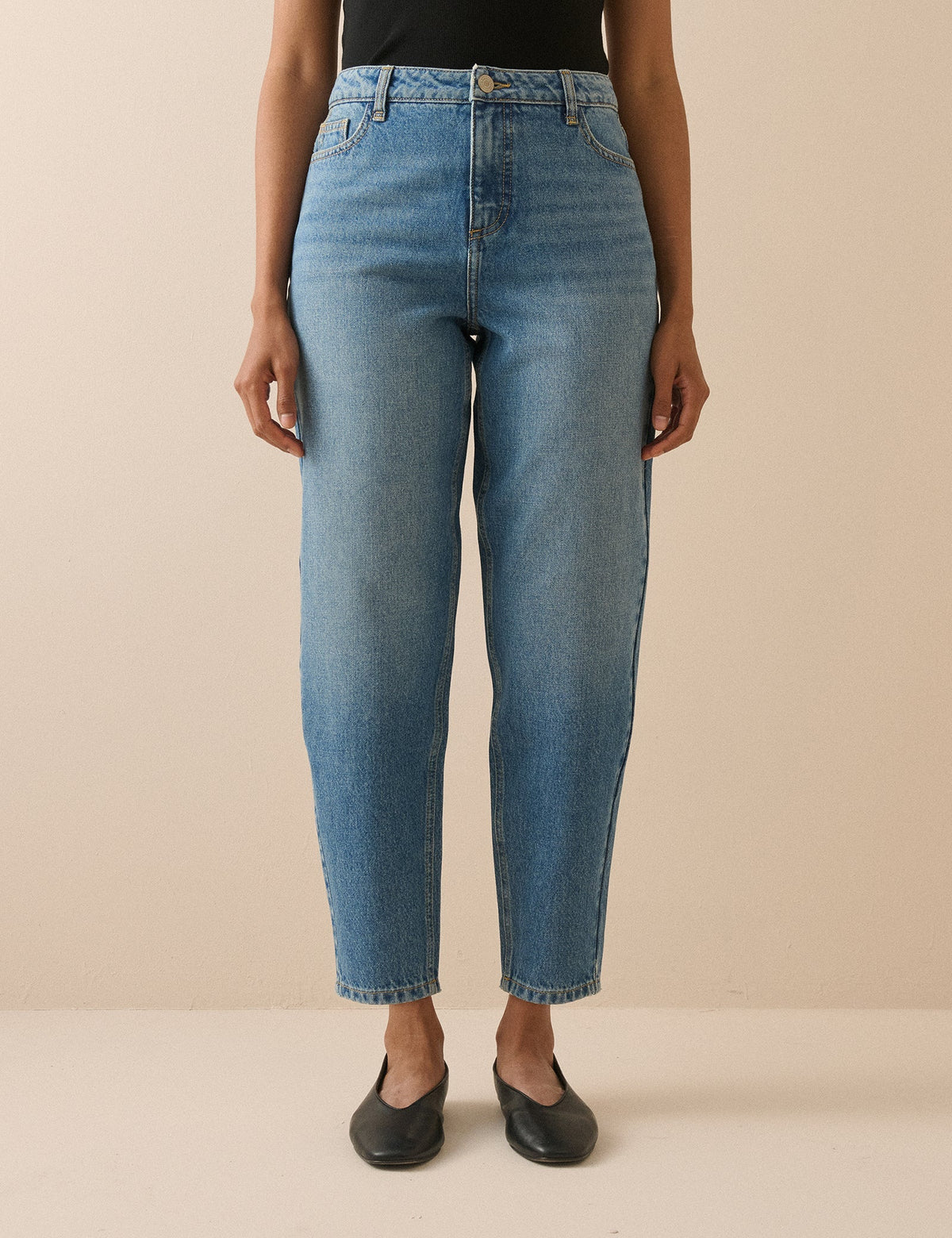 Women's Blue Barrel Leg Jeans, High Rise, Cropped Length