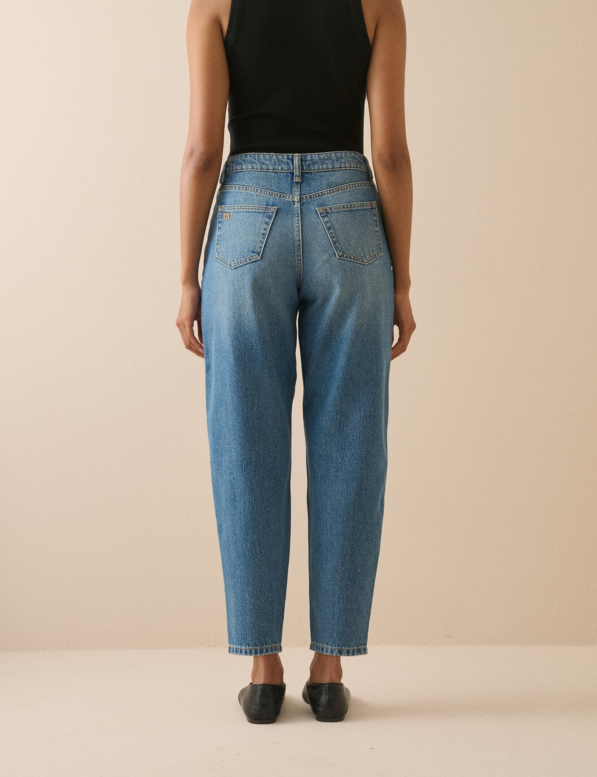 Women's Blue Barrel Leg Jeans, High Rise, Cropped Length