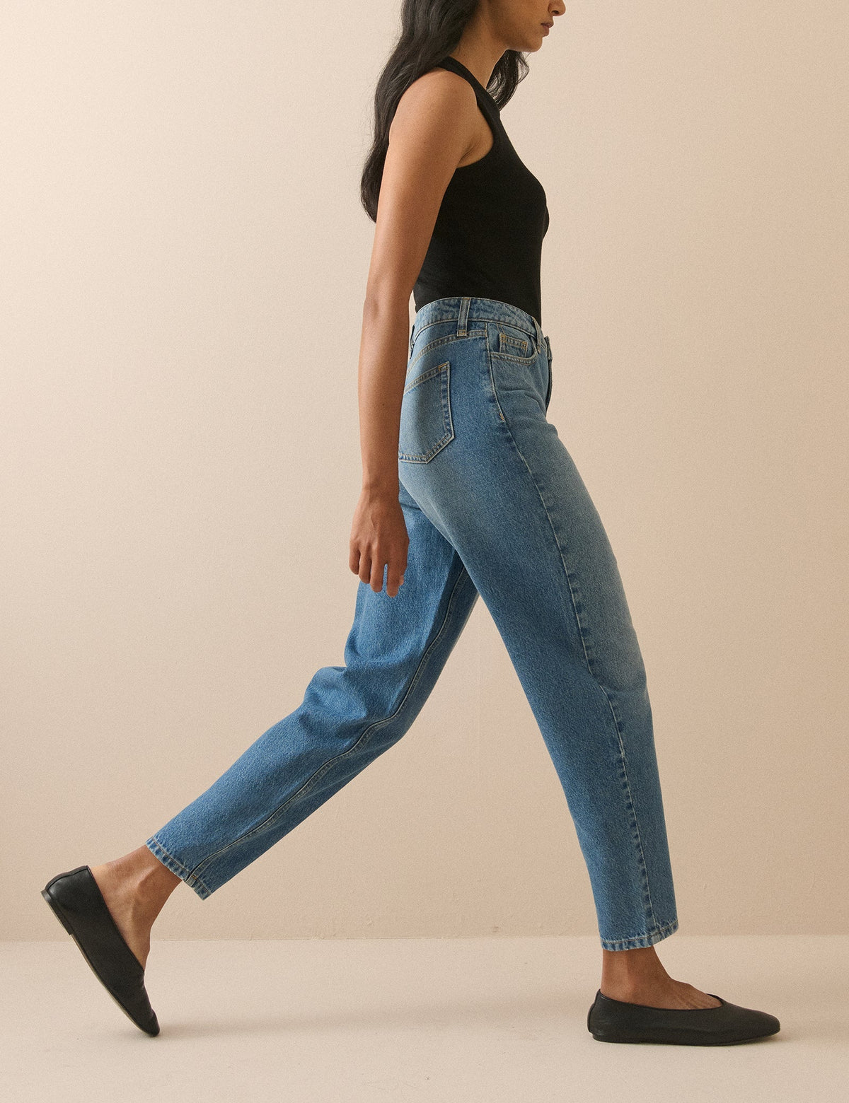 Women's Blue Barrel Leg Jeans, High Rise, Cropped Length