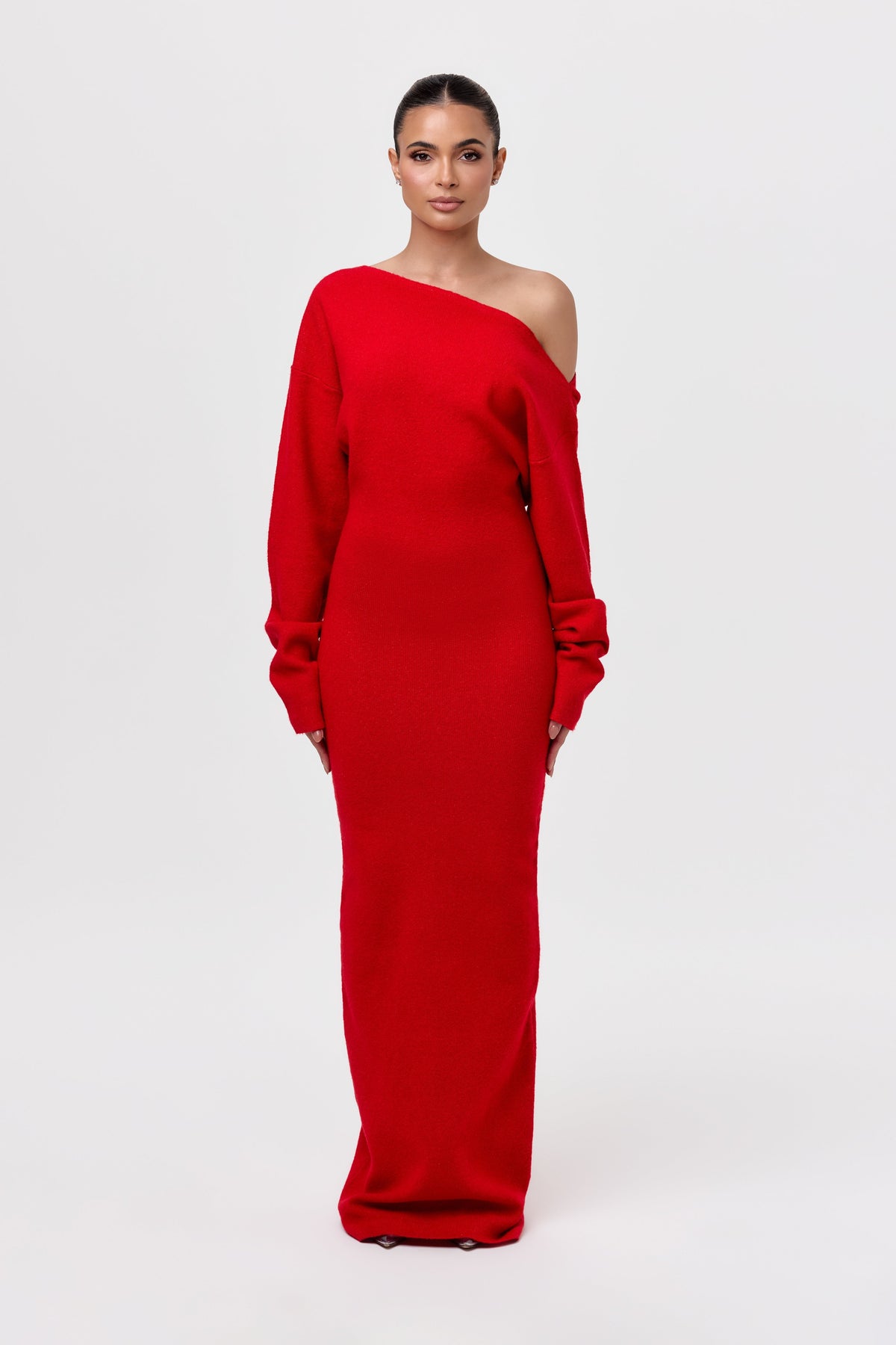Women's Asymmetric Off-Shoulder Knit Maxi Dress, Long Sleeves
