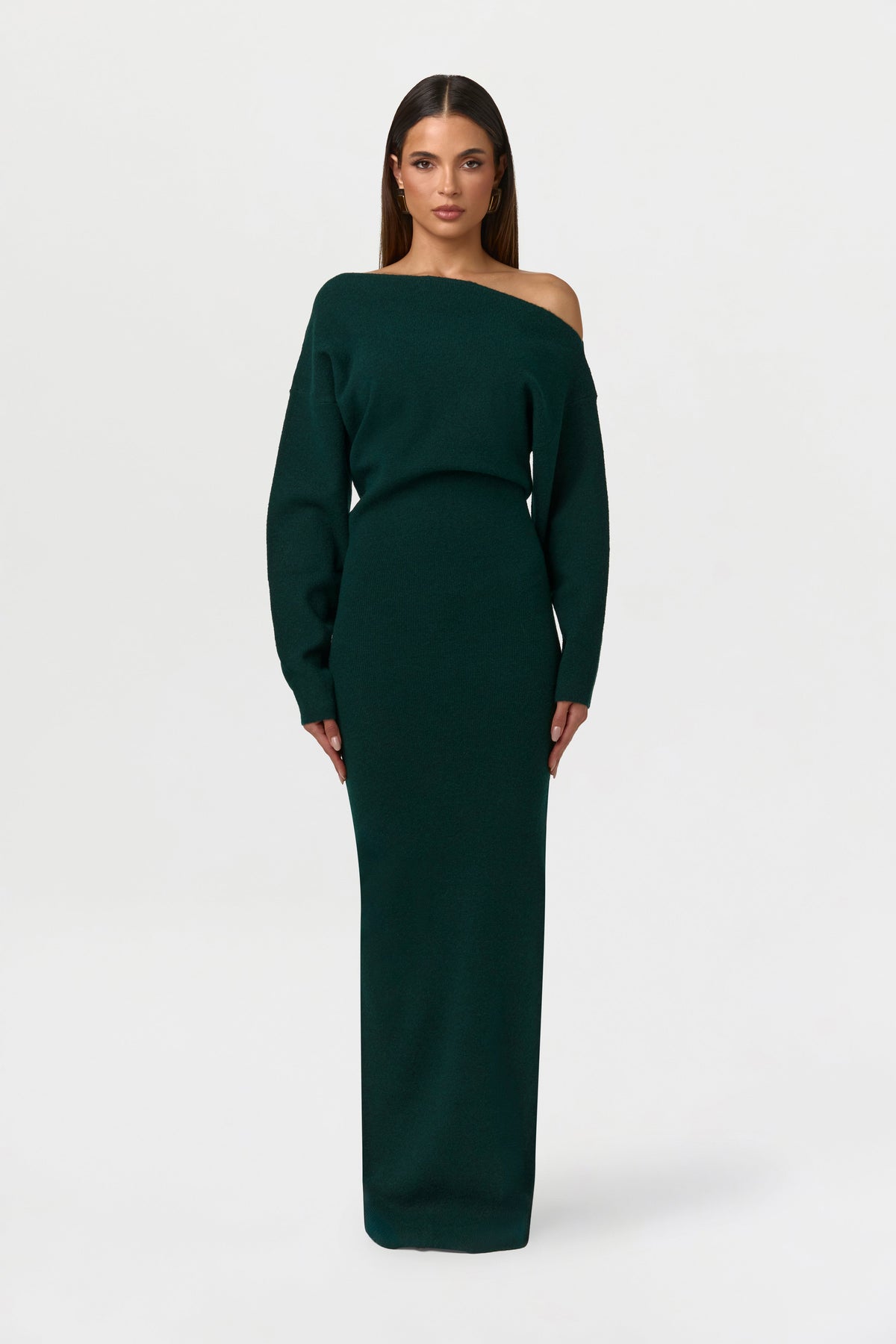Women's Asymmetric Off-Shoulder Knit Maxi Dress, Long Sleeves